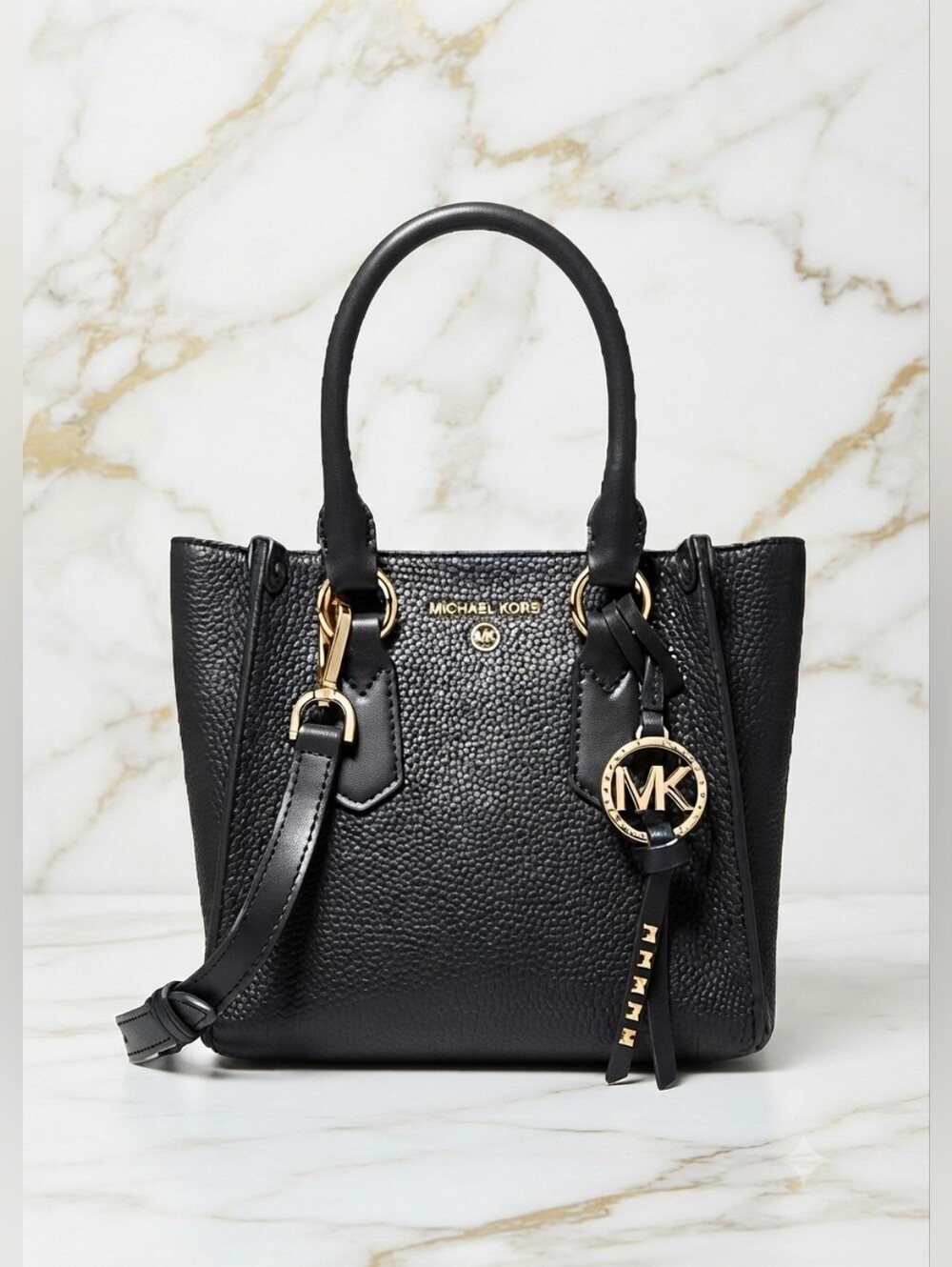 Michael Kors "Kris" Black Pebbled Leather Satchel w/Gold MK Charm. New & Auth.